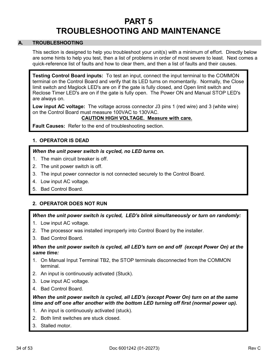 Part 5 troubleshooting and maintenance, A. troubleshooting, Operator is dead | Operator does not run | Chamberlain Swing GATE User Manual | Page 35 / 54