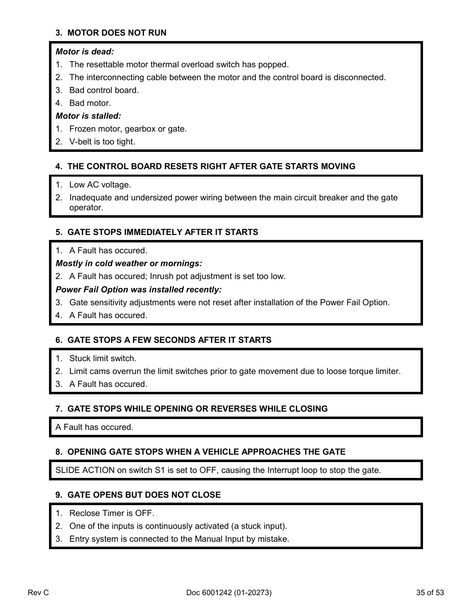 Motor does not run, Gate stops immediately after it starts, Gate stops a few seconds after it starts | Gate stops while opening or reverses while closing, Gate opens but does not close | Chamberlain Swing GATE User Manual | Page 36 / 54