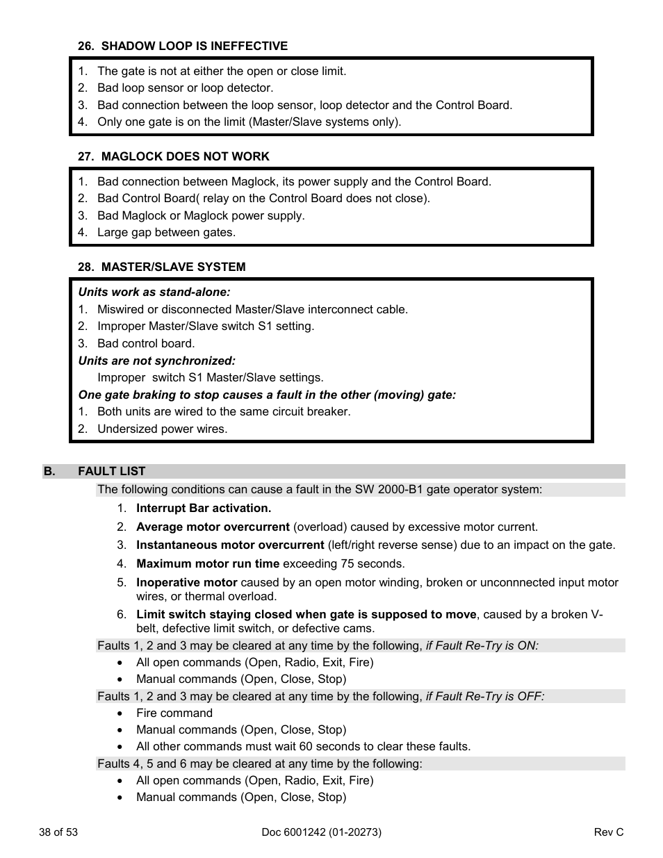 Shadow loop is ineffective, Maglock does not work, Master/slave system | B. fault list | Chamberlain Swing GATE User Manual | Page 39 / 54