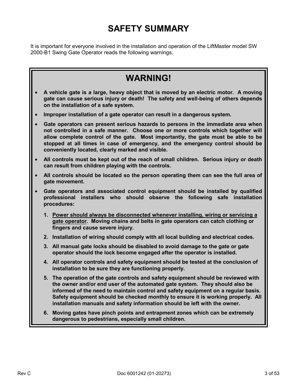 Safety summary, Warning | Chamberlain Swing GATE User Manual | Page 4 / 54