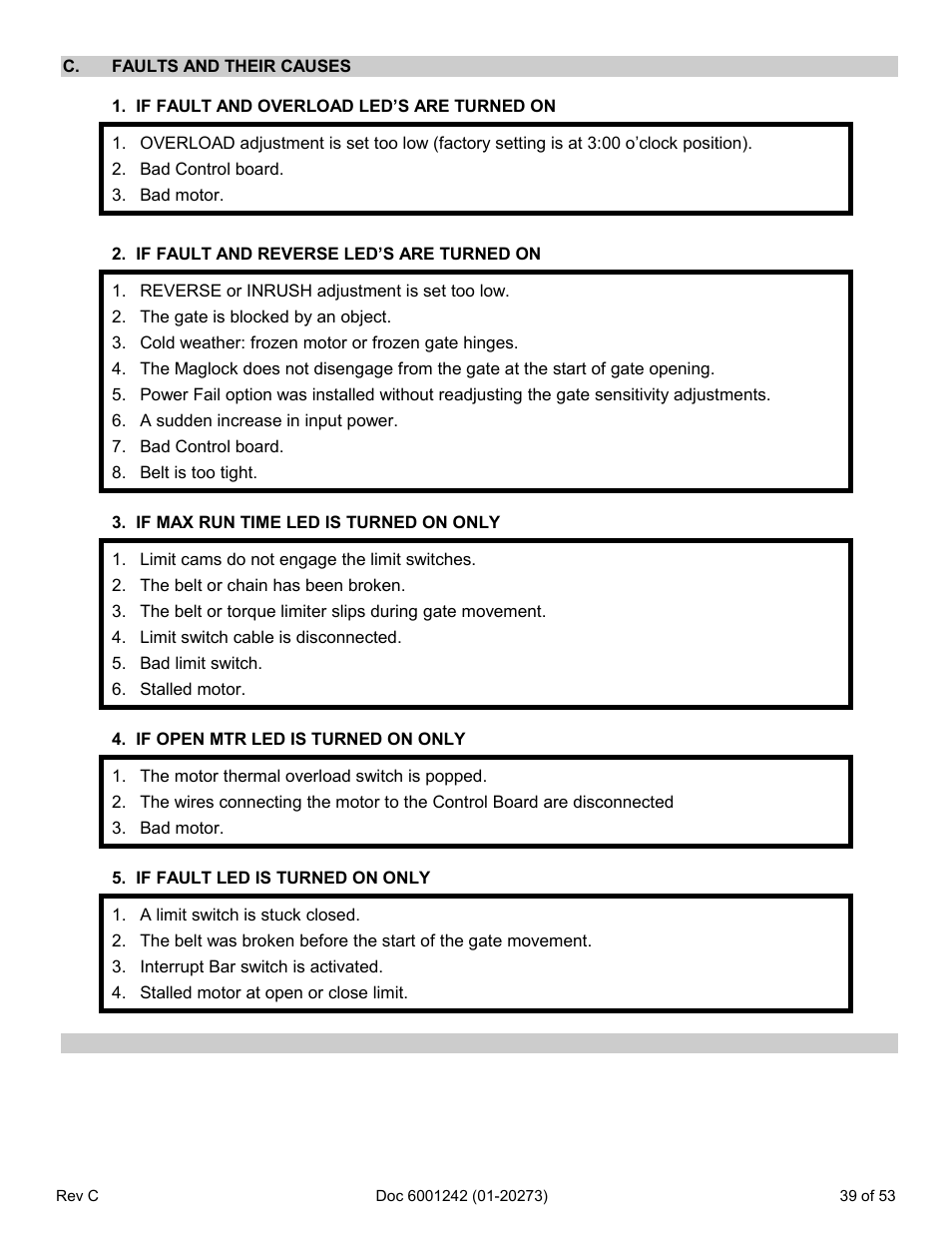 C. faults and their causes, If fault and overload led’s are turned on, If fault and reverse led’s are turned on | If max run time led is turned on only, If open mtr led is turned on only, If fault led is turned on only | Chamberlain Swing GATE User Manual | Page 40 / 54