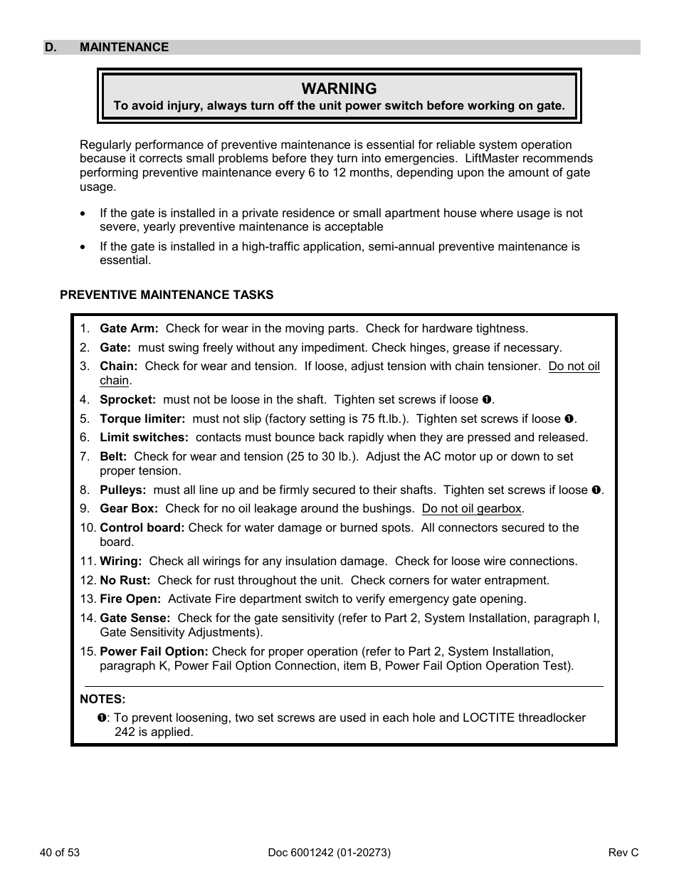 D. maintenance, Warning | Chamberlain Swing GATE User Manual | Page 41 / 54