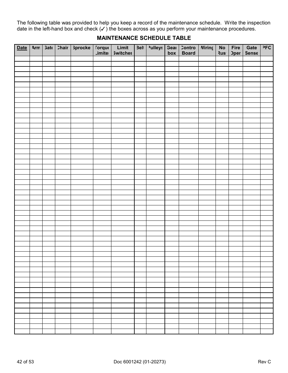 Maintenance schedule table | Chamberlain Swing GATE User Manual | Page 43 / 54