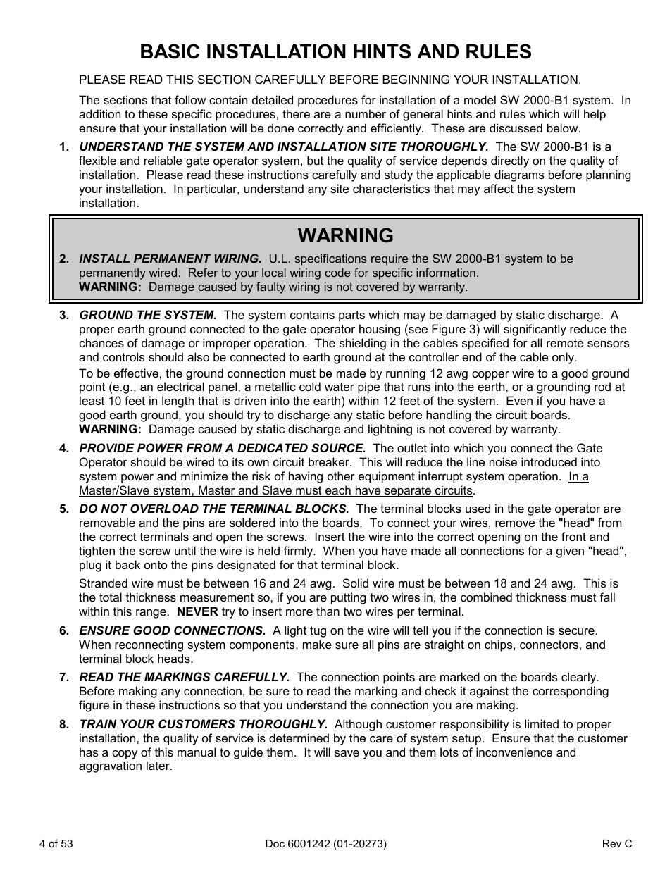 Basic installation hints and rules, Warning | Chamberlain Swing GATE User Manual | Page 5 / 54