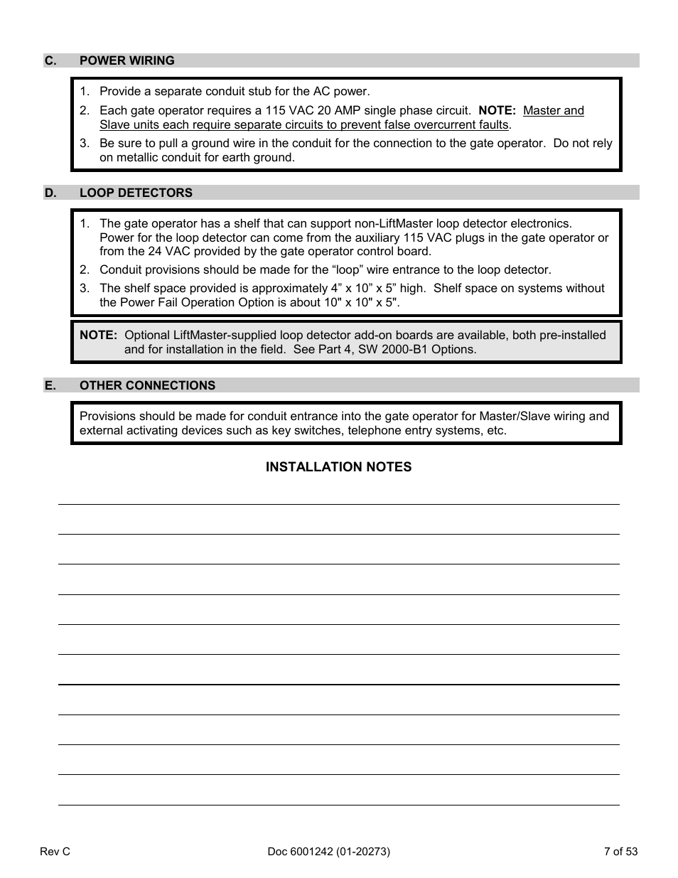 C. power wiring, D. loop detectors, E. other connections | Chamberlain Swing GATE User Manual | Page 8 / 54