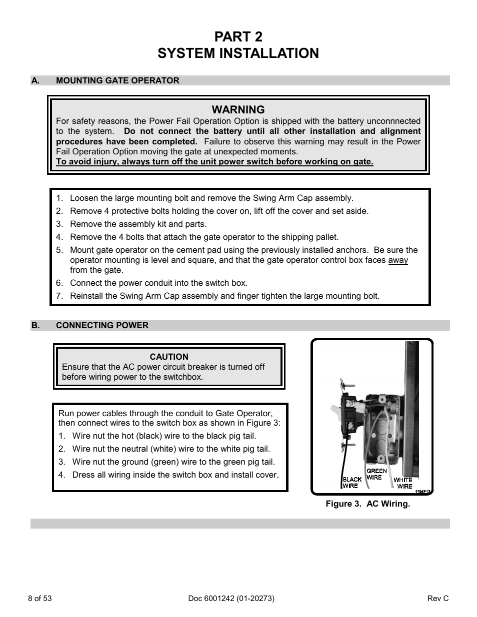 Part 2 system installation, A. mounting gate operator, B. connecting power | A. mounting gate operator b. connecting power | Chamberlain Swing GATE User Manual | Page 9 / 54