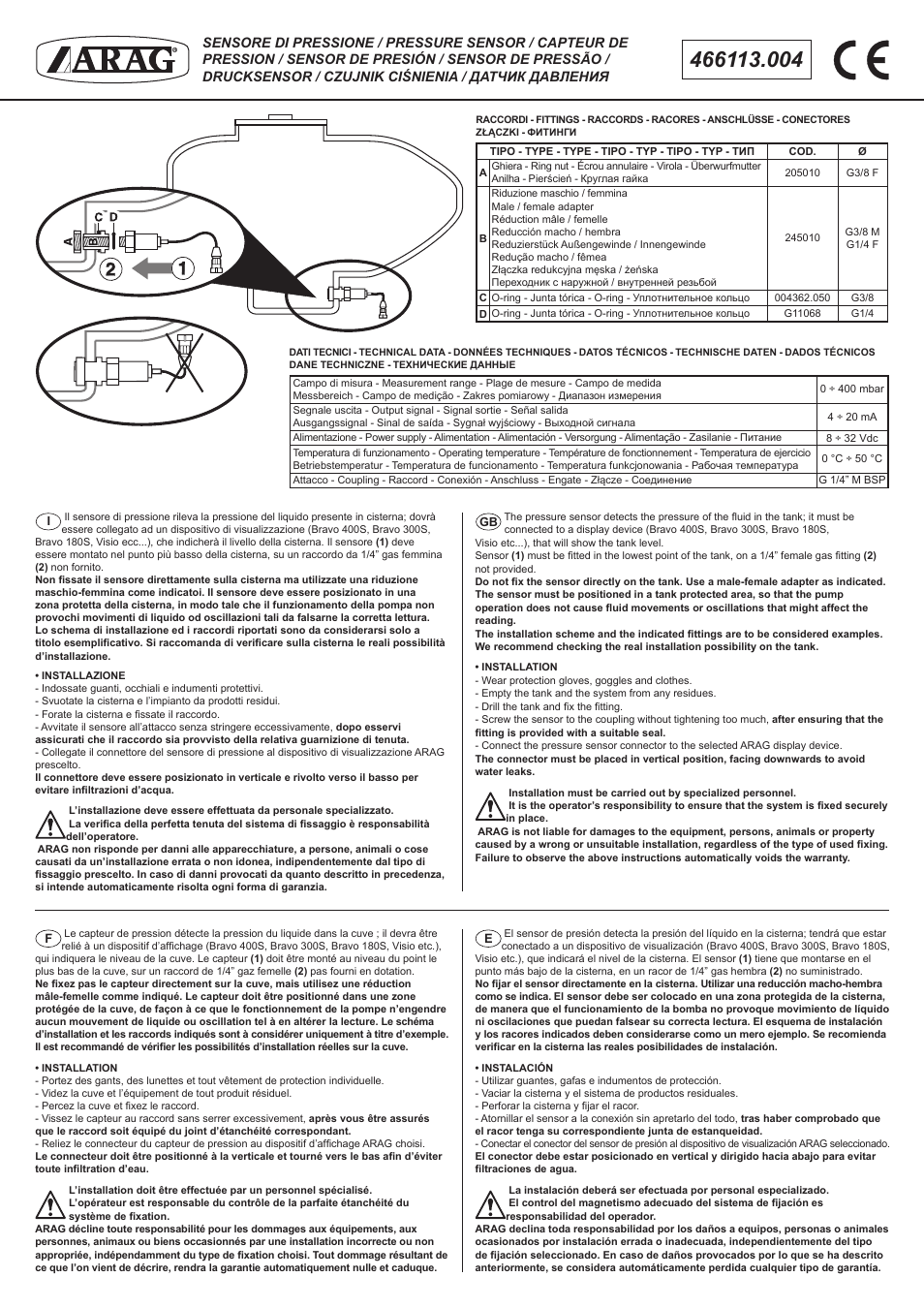 ARAG PRESSURE SENSOR User Manual | 2 pages