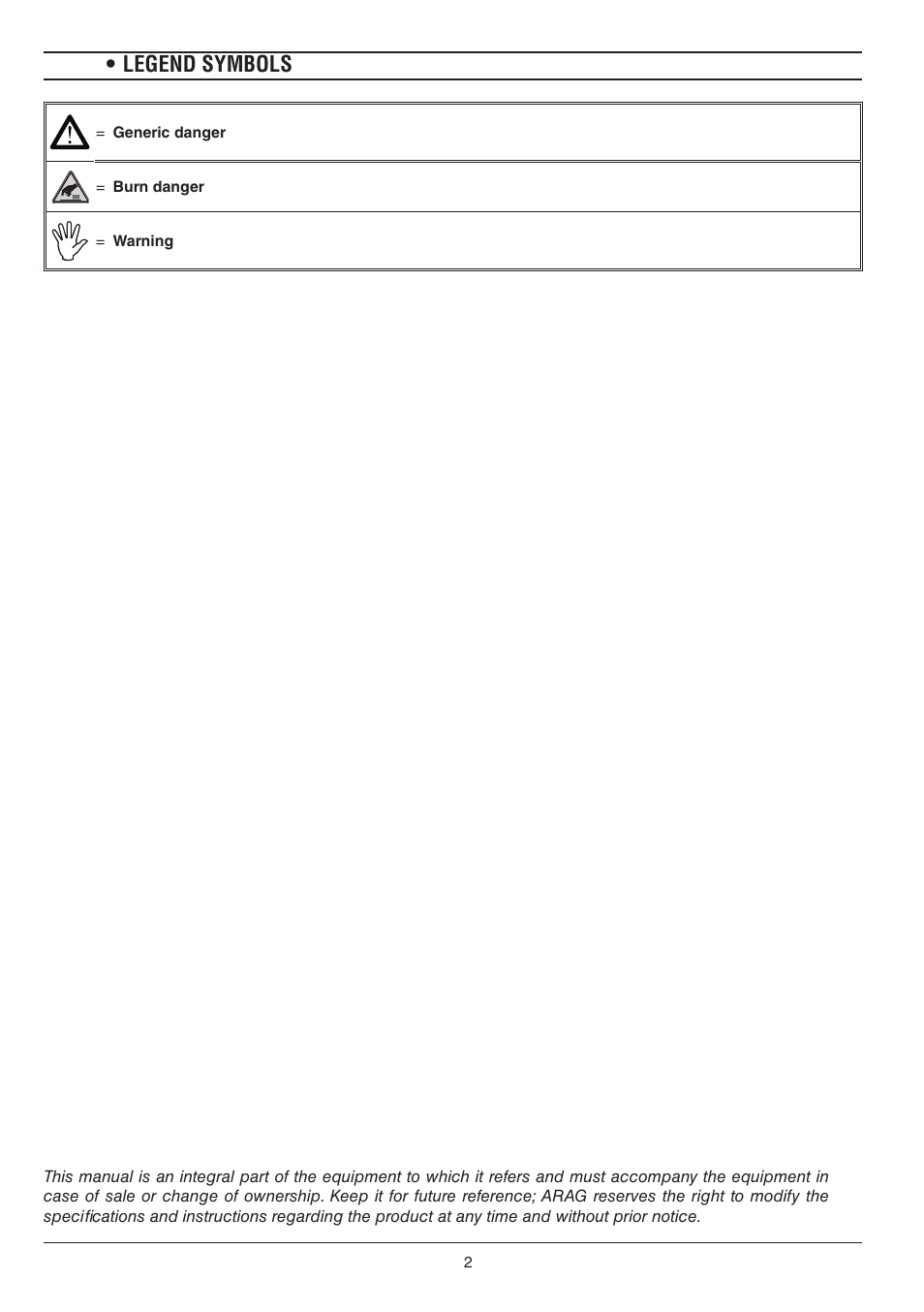 Legend symbols | ARAG BRAVO130 User Manual | Page 2 / 32