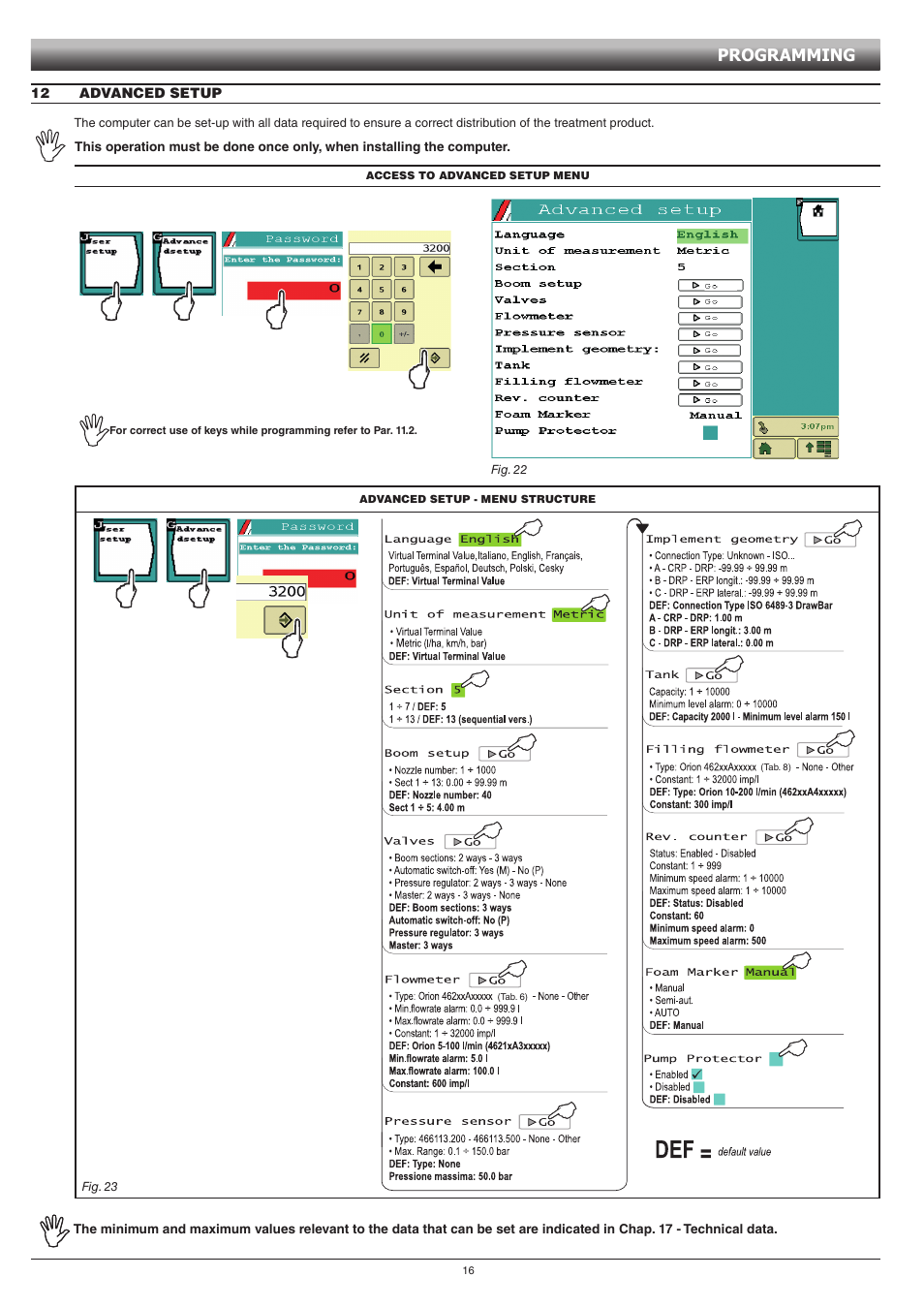 12 advanced setup, Programming | ARAG GCS 3200 User Manual | Page 16 / 48