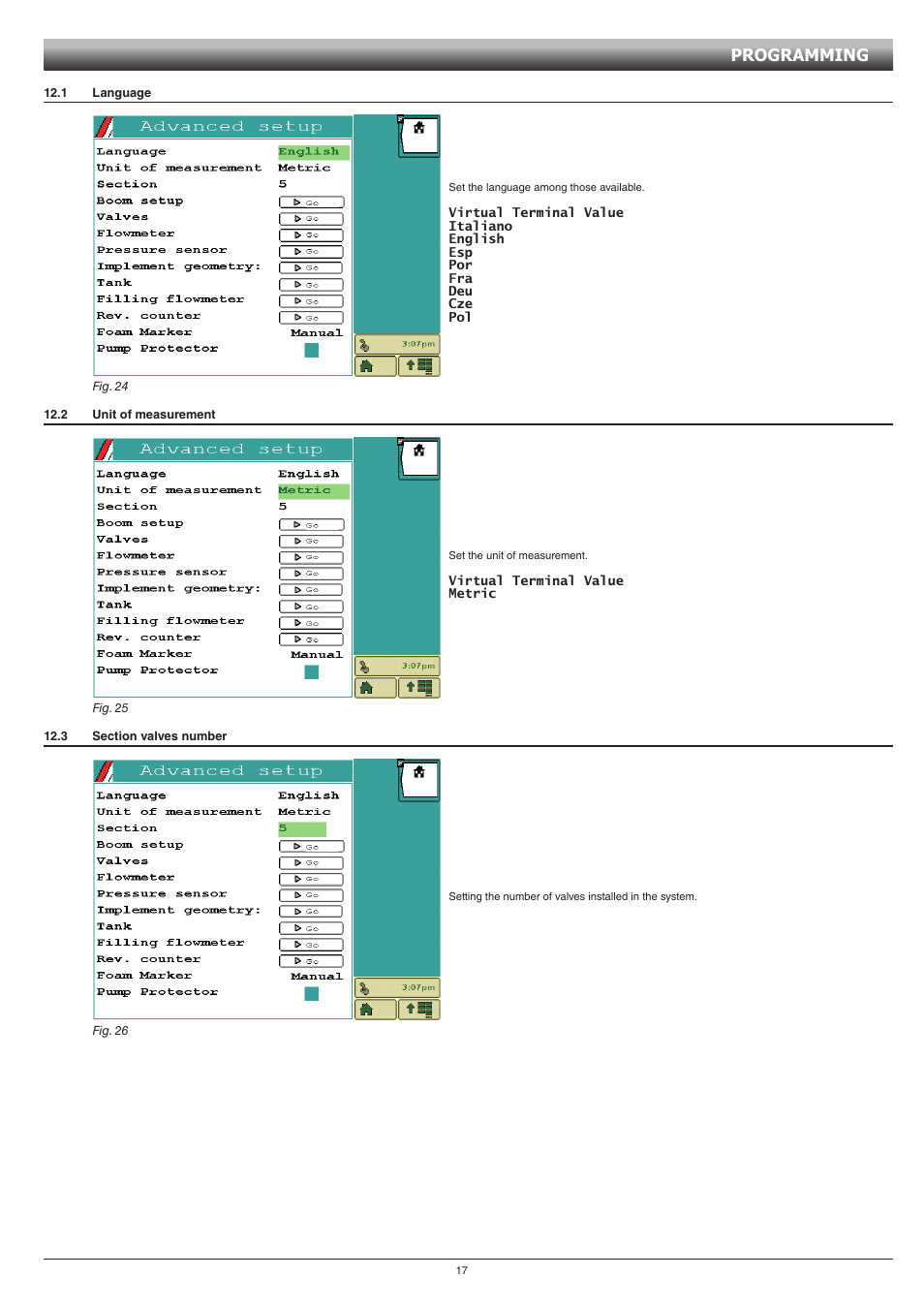 1 language, 2 unit of measurement, 3 section valves number | Programming | ARAG GCS 3200 User Manual | Page 17 / 48