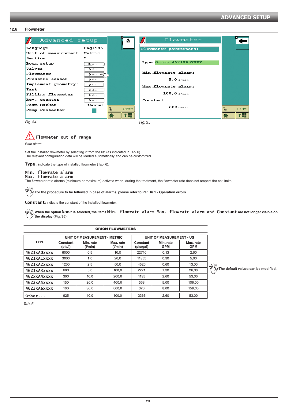 6 flowmeter, Tab. 6, Advanced setup | ARAG GCS 3200 User Manual | Page 20 / 48