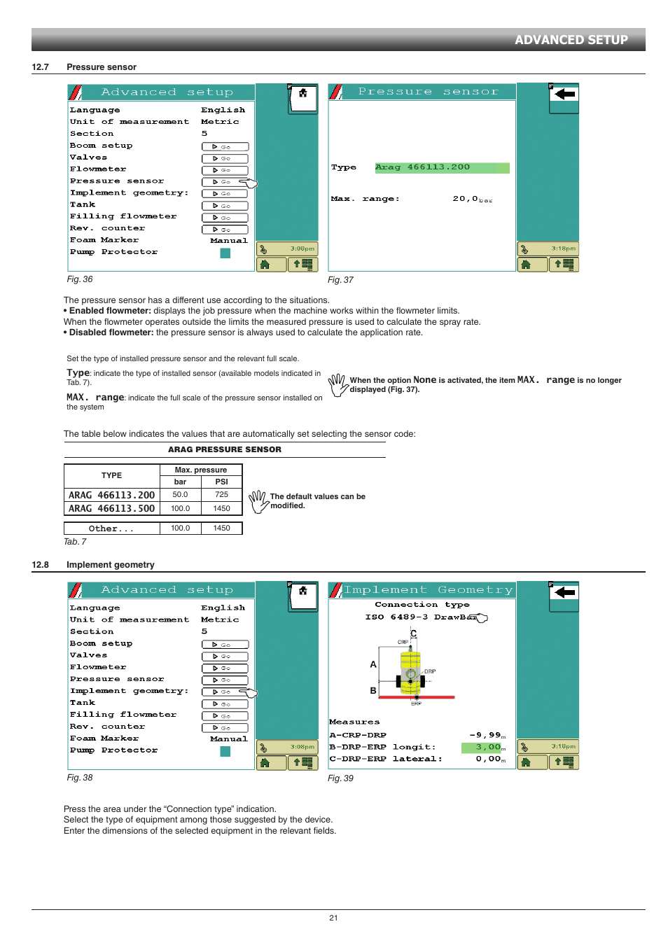 7 pressure sensor, 8 implement geometry, 7 pressure sensor 12.8 implement geometry | Advanced setup | ARAG GCS 3200 User Manual | Page 21 / 48