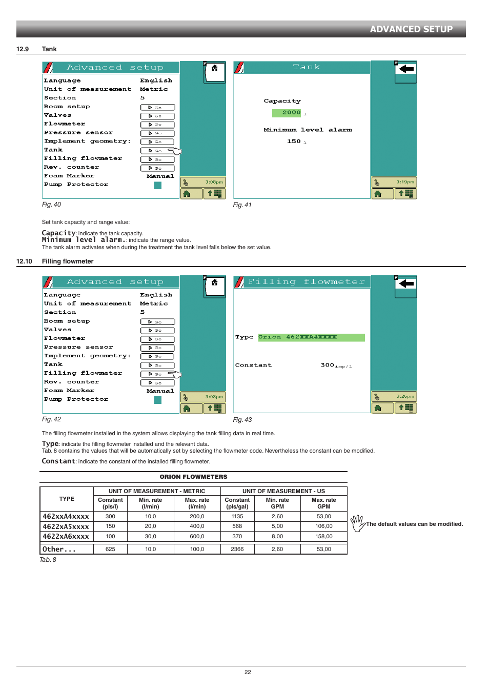 9 tank, 10 filling flowmeter, 9 tank 12.10 filling flowmeter | Tab. 8, Advanced setup | ARAG GCS 3200 User Manual | Page 22 / 48