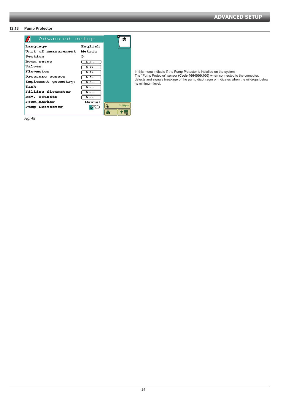 13 pump protector, Advanced setup | ARAG GCS 3200 User Manual | Page 24 / 48