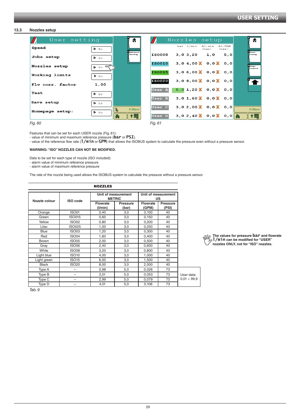 3 nozzles setup, Tab. 9, User setting | ARAG GCS 3200 User Manual | Page 29 / 48