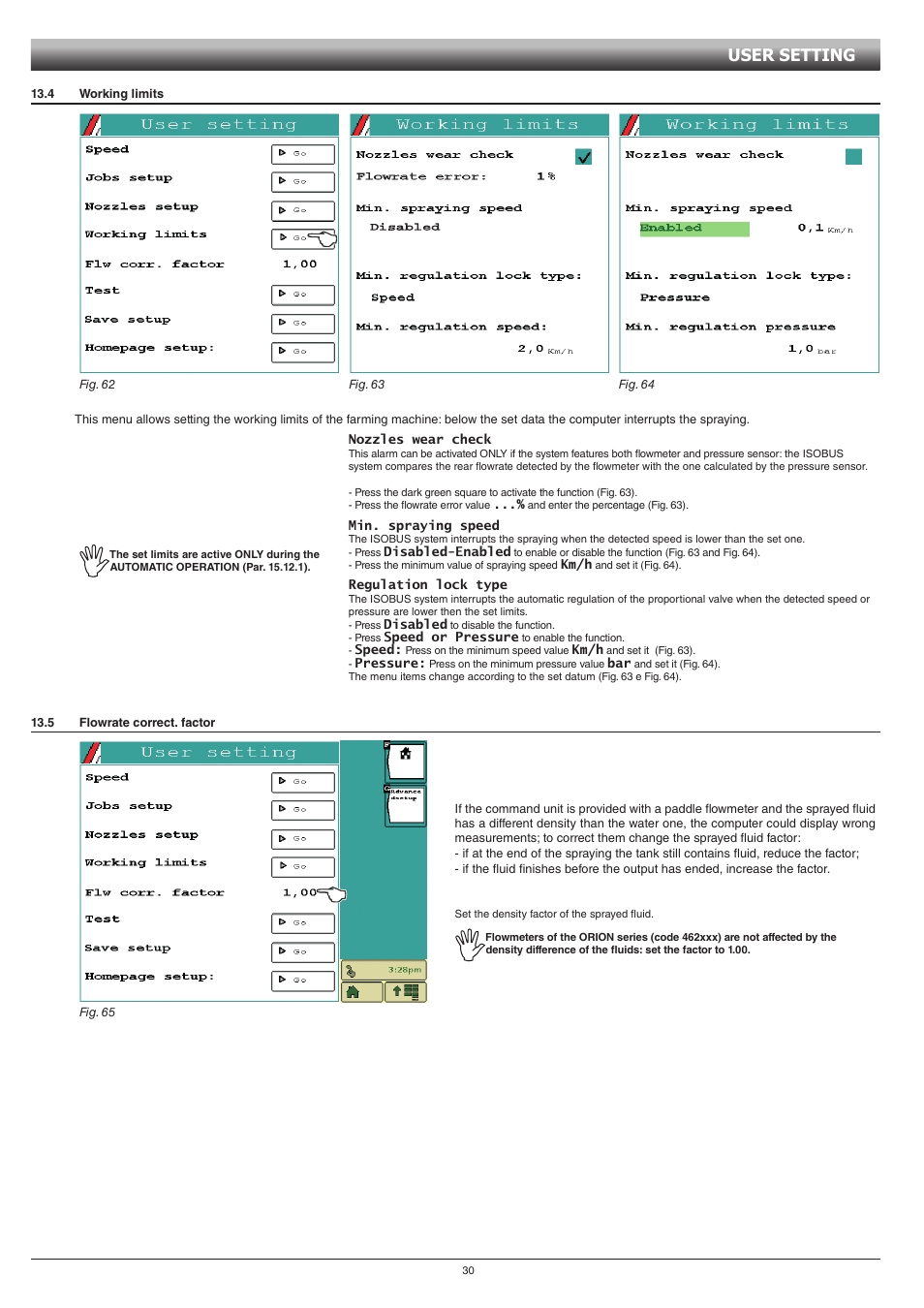 4 working limits, 5 flowrate correct. factor, 4 working limits 13.5 flowrate correct. factor | User setting | ARAG GCS 3200 User Manual | Page 30 / 48