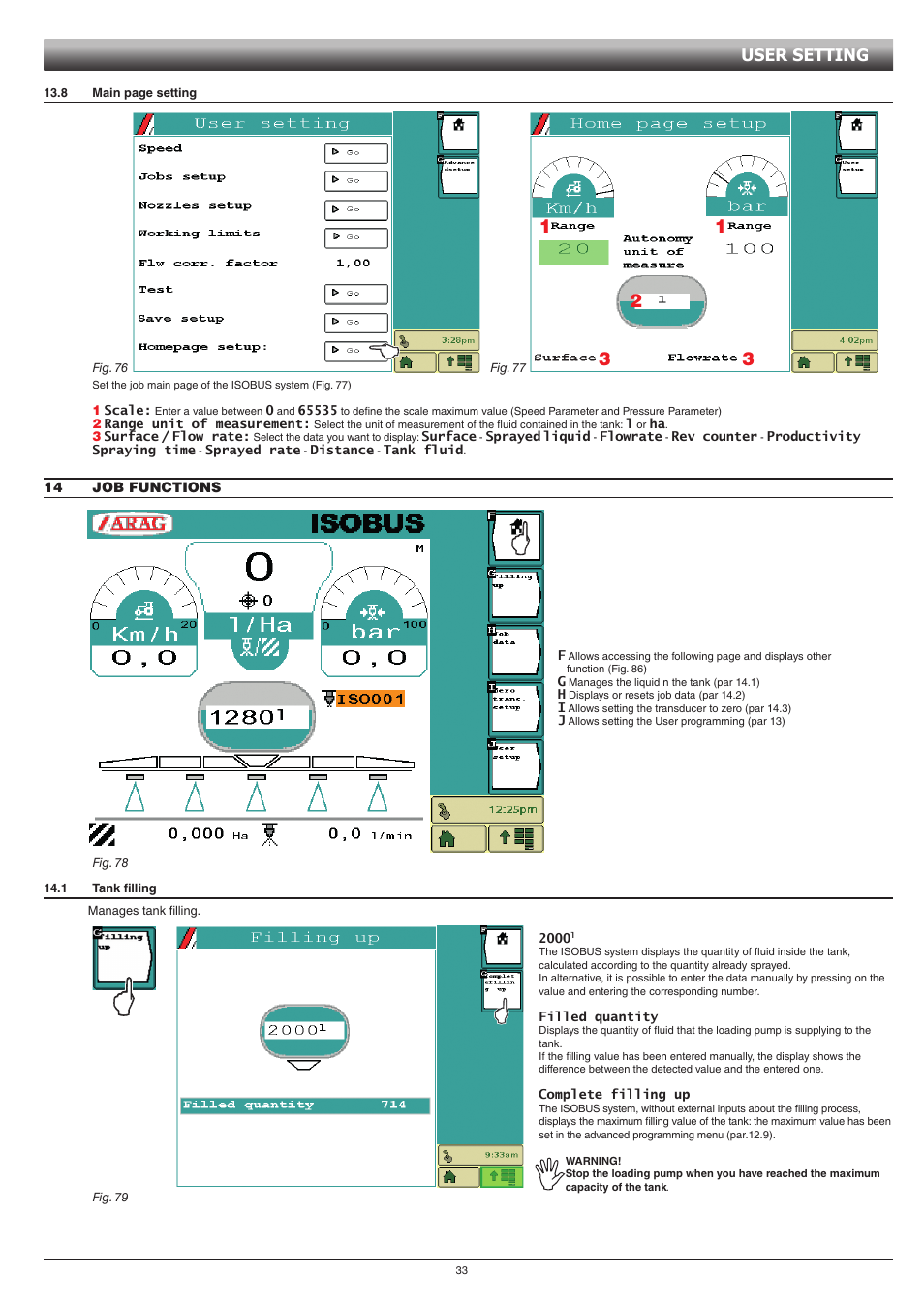 14 job functions, 1 tank filling, User setting | ARAG GCS 3200 User Manual | Page 33 / 48