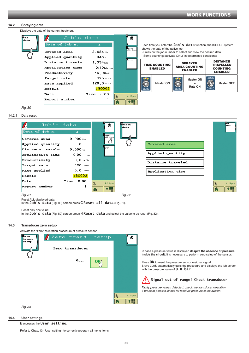 2 spraying data, 1 data reset, 3 transducer zero setup | 4 user settings, 3 transducer zero setup 14.4 user settings, Par 14.2, Par 14.3, Work functions | ARAG GCS 3200 User Manual | Page 34 / 48