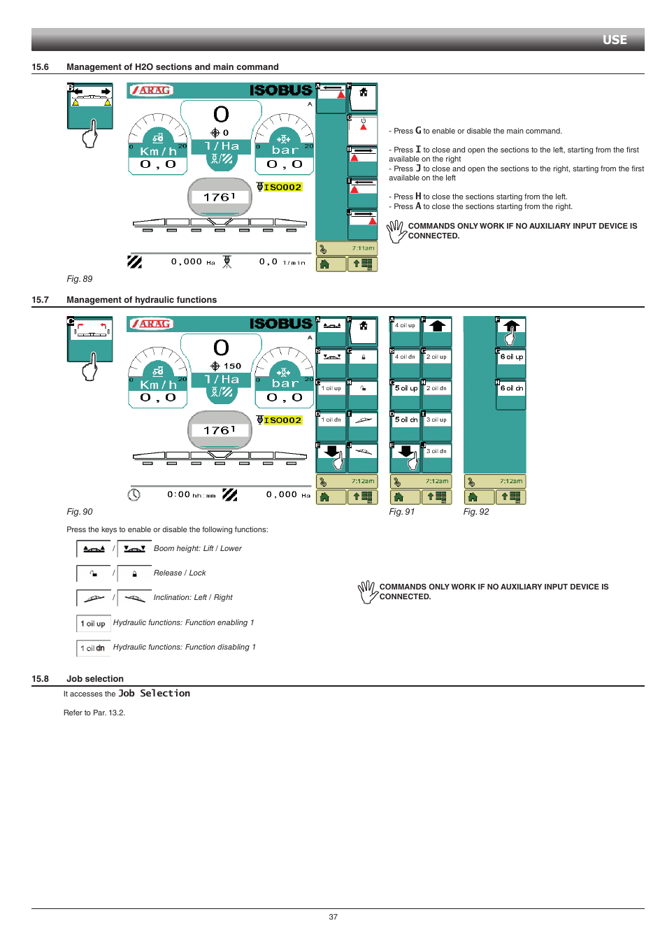 6 management of h2o sections and main command, 7 management of hydraulic functions, 8 job selection | Par 15.6, Par 15.7 | ARAG GCS 3200 User Manual | Page 37 / 48