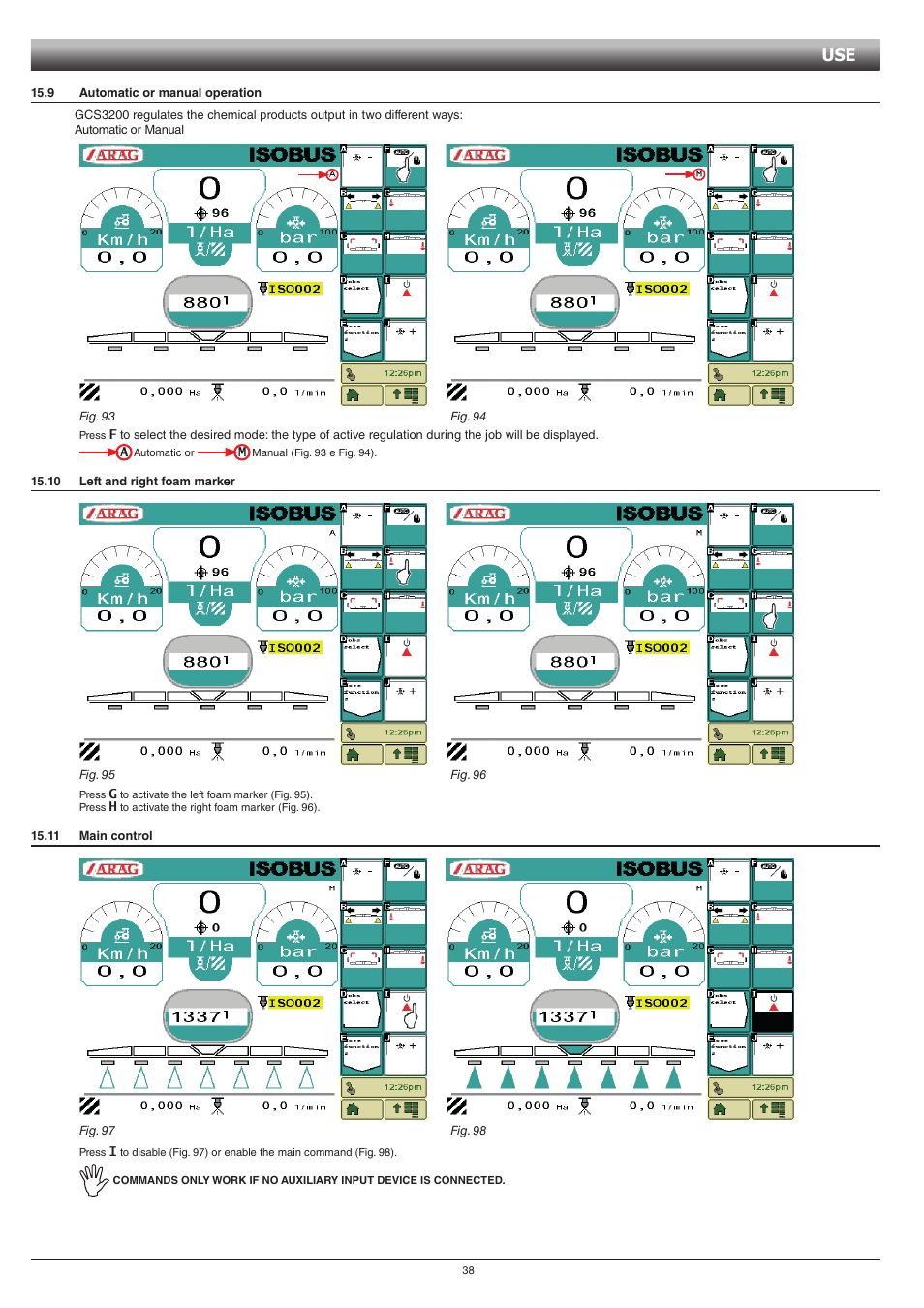 9 automatic or manual operation, 10 left and right foam marker, 11 main control | Par 15.9, Par 15.10, Par 15.10), Par 15.11 | ARAG GCS 3200 User Manual | Page 38 / 48