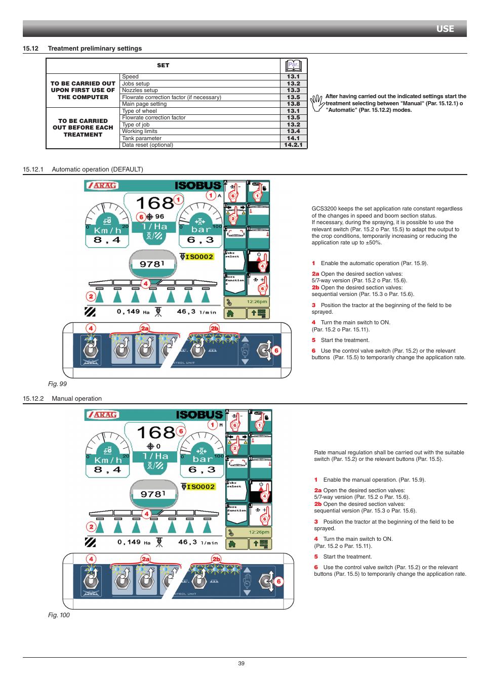 12 treatment preliminary settings, 1 automatic operation (default), 2 manual operation | ARAG GCS 3200 User Manual | Page 39 / 48