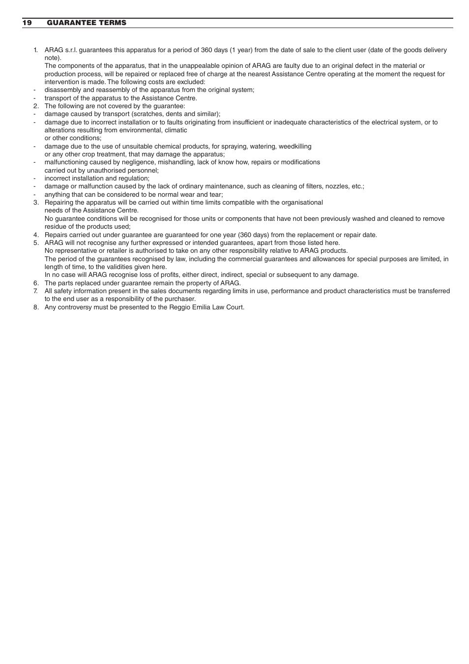 19 guarantee terms | ARAG GCS 3200 User Manual | Page 45 / 48