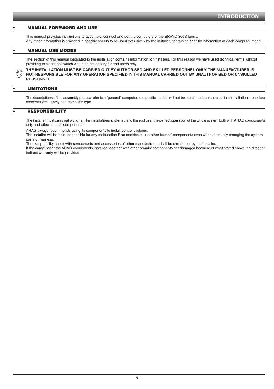 Manual foreword and use, Manual use modes, Limitations | Responsibility, Introduction | ARAG GCS 3200 User Manual | Page 5 / 48