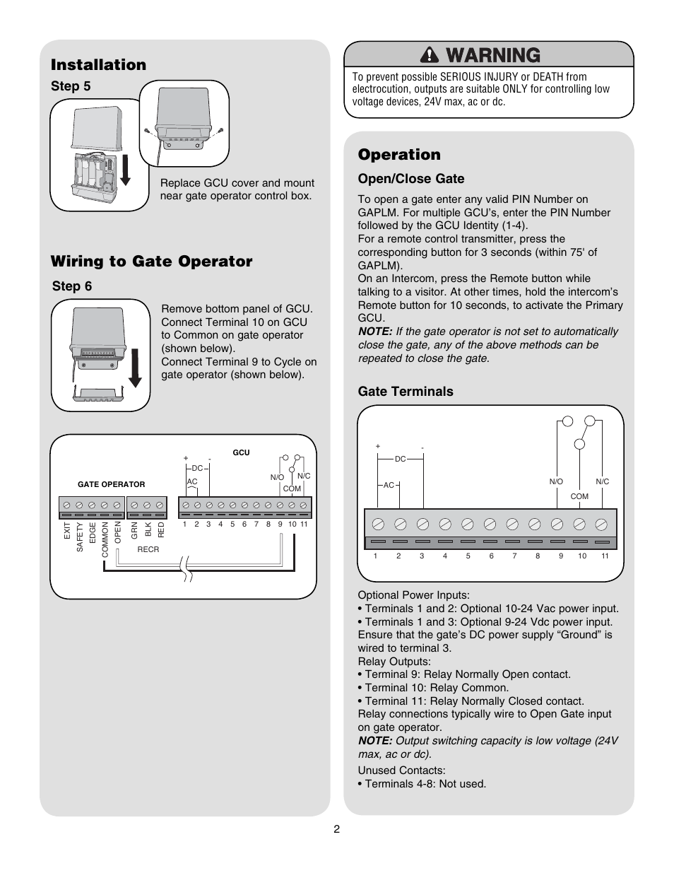 Installation, Wiring to gate operator, Operation | Installation wiring to gate operator, Open/close gate, Gate terminals, Step 5 step 6 | Chamberlain GCU User Manual | Page 2 / 4