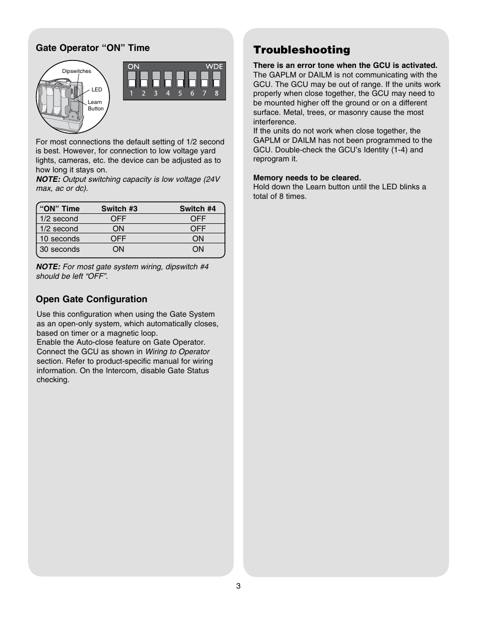 Gate operator “on”time, Open gate configuration, Troubleshooting | Chamberlain GCU User Manual | Page 3 / 4