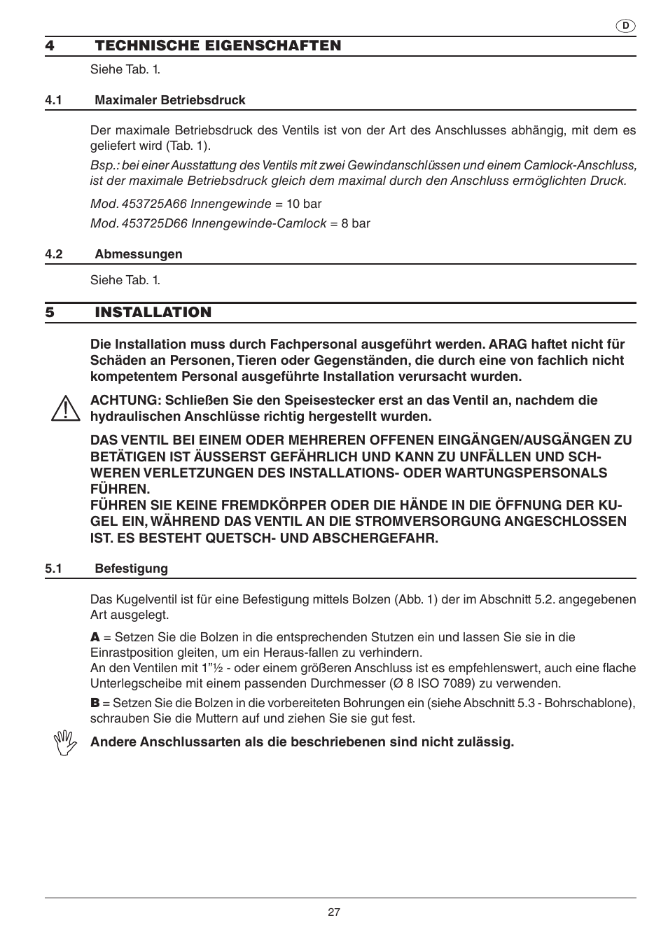 ARAG SERIE 453 Electric ball valve User Manual | Page 27 / 40