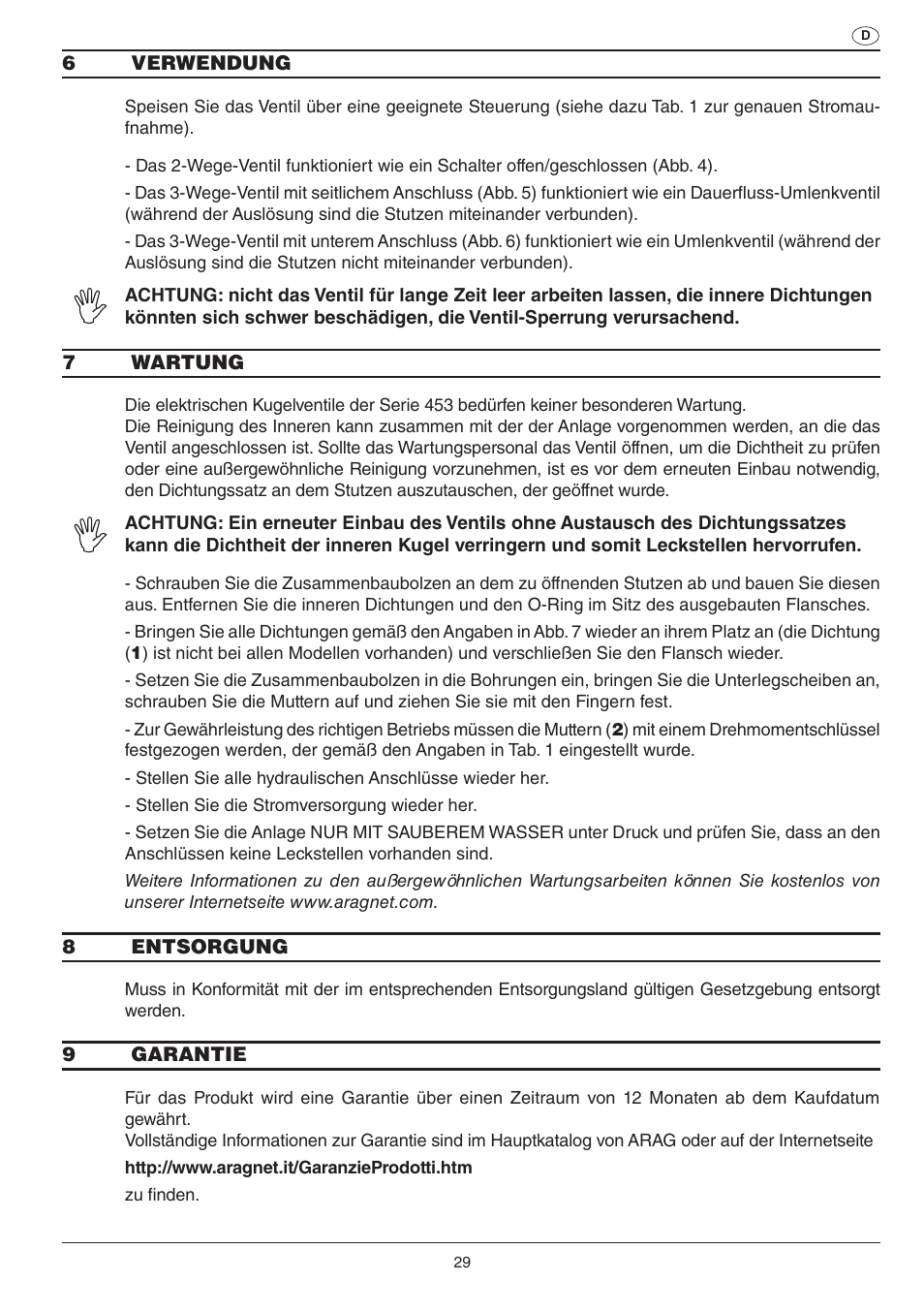 ARAG SERIE 453 Electric ball valve User Manual | Page 29 / 40