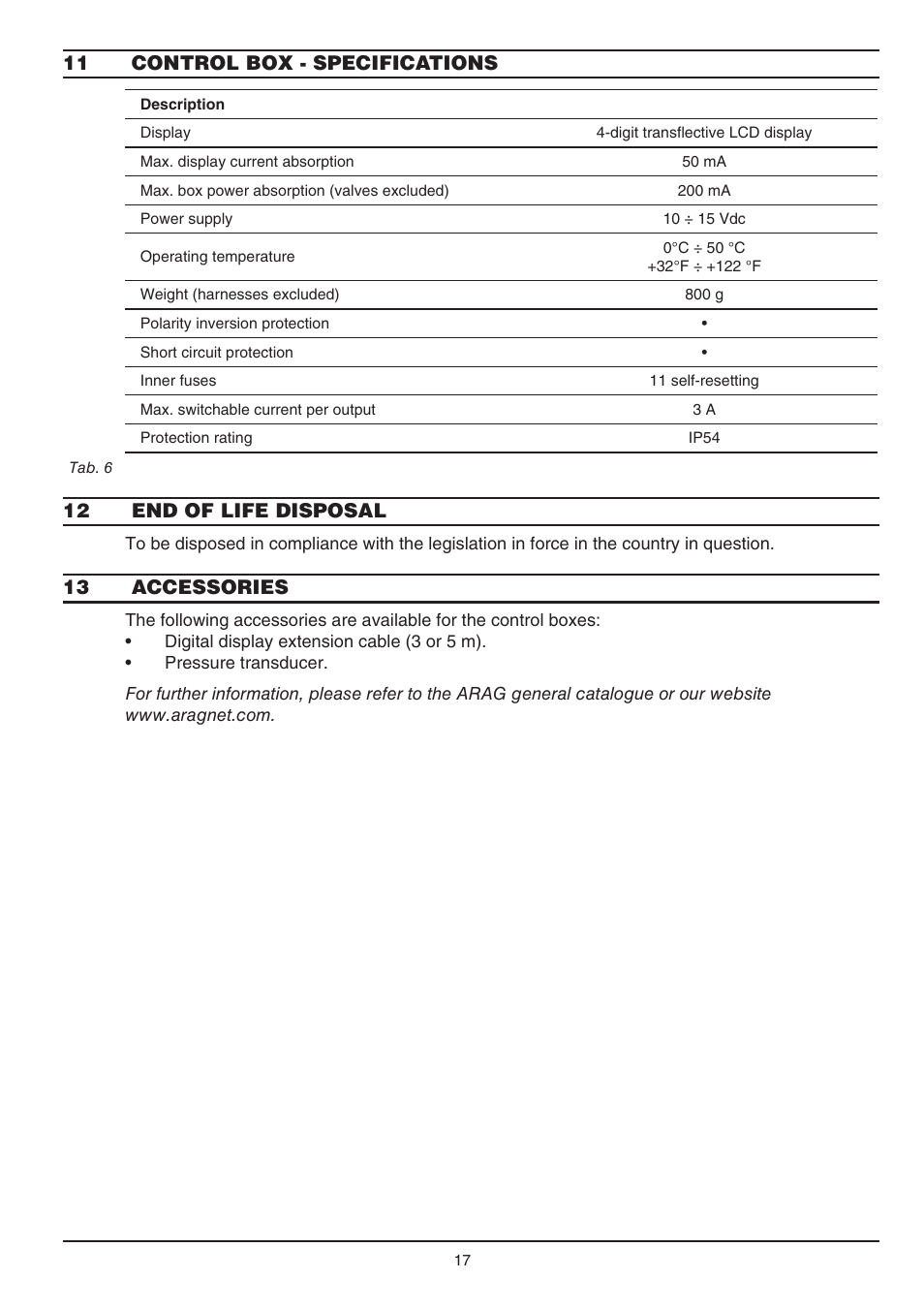 11 control box - specifications, 12 end of life disposal, 13 accessories | ARAG SERIE 4663 Electric Control Box 7 - 9 User Manual | Page 17 / 20