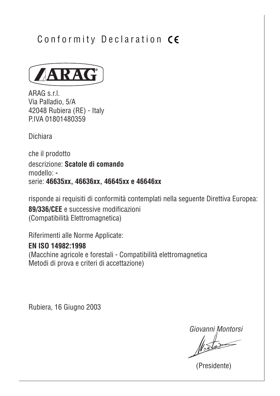 ARAG SERIE 4663 Electric Control Box 7 - 9 User Manual | Page 19 / 20