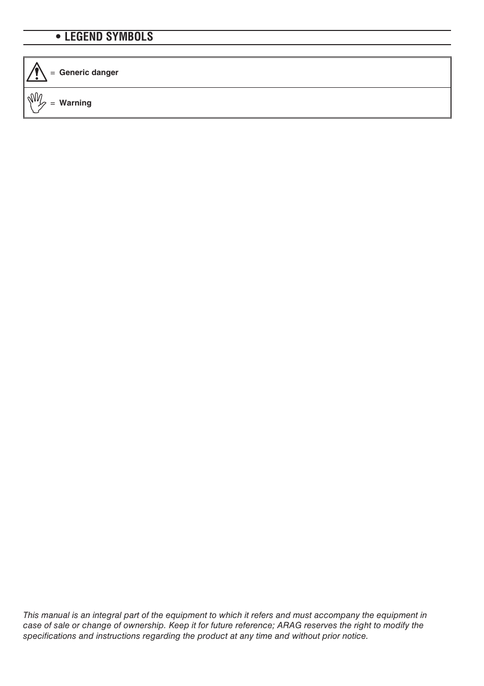 Legend symbols | ARAG SERIE 4663 Electric Control Box 7 - 9 User Manual | Page 2 / 20