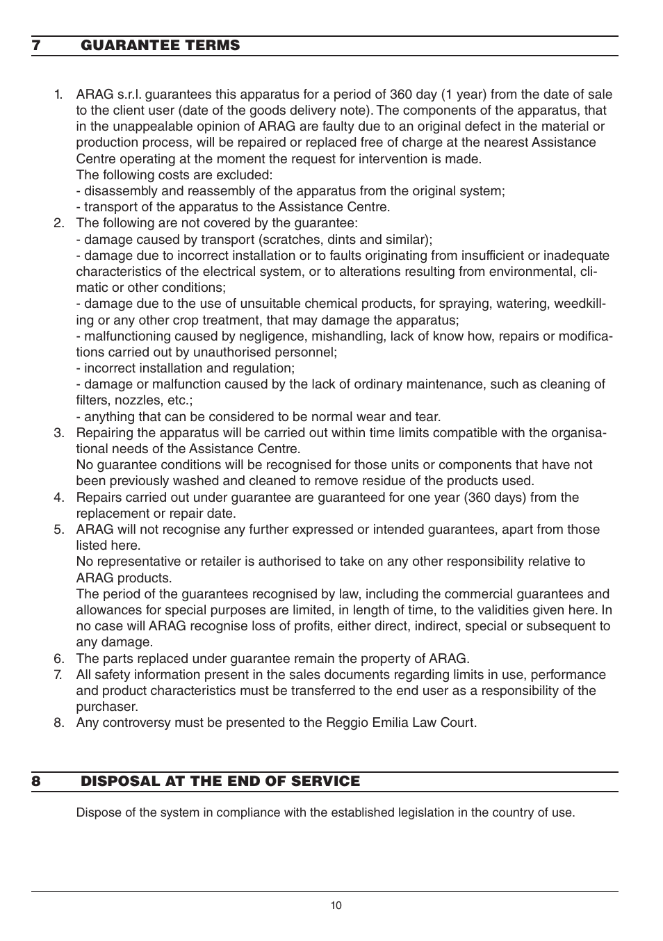 7 guarantee terms, 8 disposal at the end of service, 7 guarantee terms 8 disposal at the end of service | ARAG ORION User Manual | Page 10 / 12