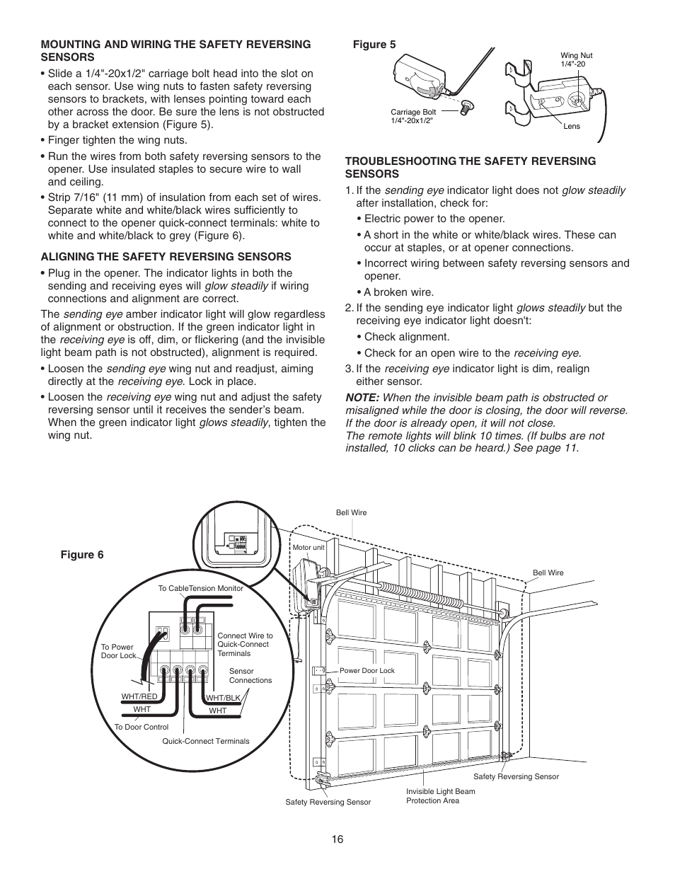 Mounting and wiring the safety reversing sensors, Aligning the safety reversing sensors, Troubleshooting the safety reversing sensors | Chamberlain 3800P User Manual | Page 16 / 36