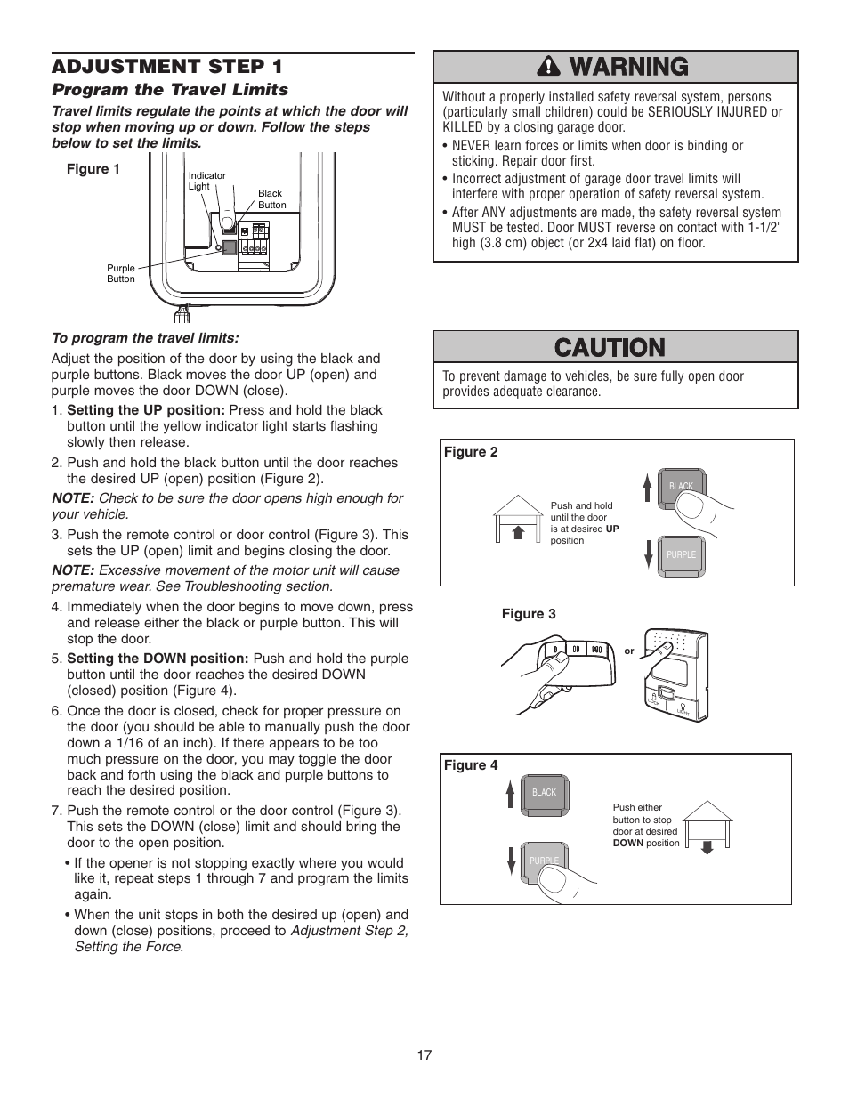 Adjustment, Program the travel limits, Adjustment step 1 | Chamberlain 3800P User Manual | Page 17 / 36