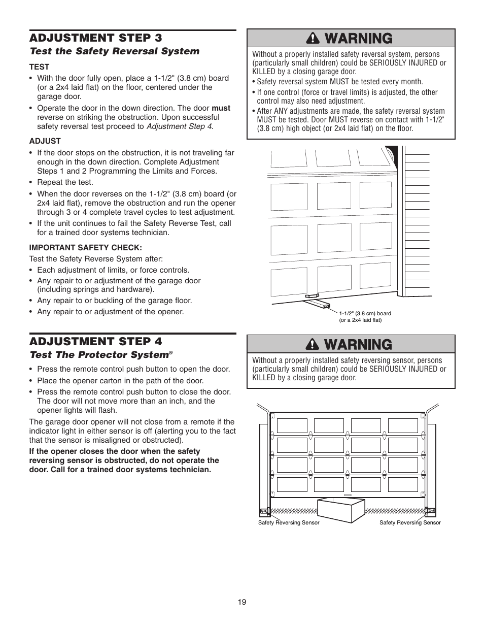Test the safety reversal system, Test the protector system, Adjustment step 3 | Adjustment step 4 | Chamberlain 3800P User Manual | Page 19 / 36