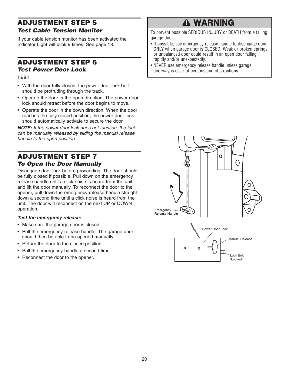 Test cable tension monitor, Test power door lock, To open the door manually | Adjustment step 5, Adjustment step 6, Adjustment step 7 | Chamberlain 3800P User Manual | Page 20 / 36