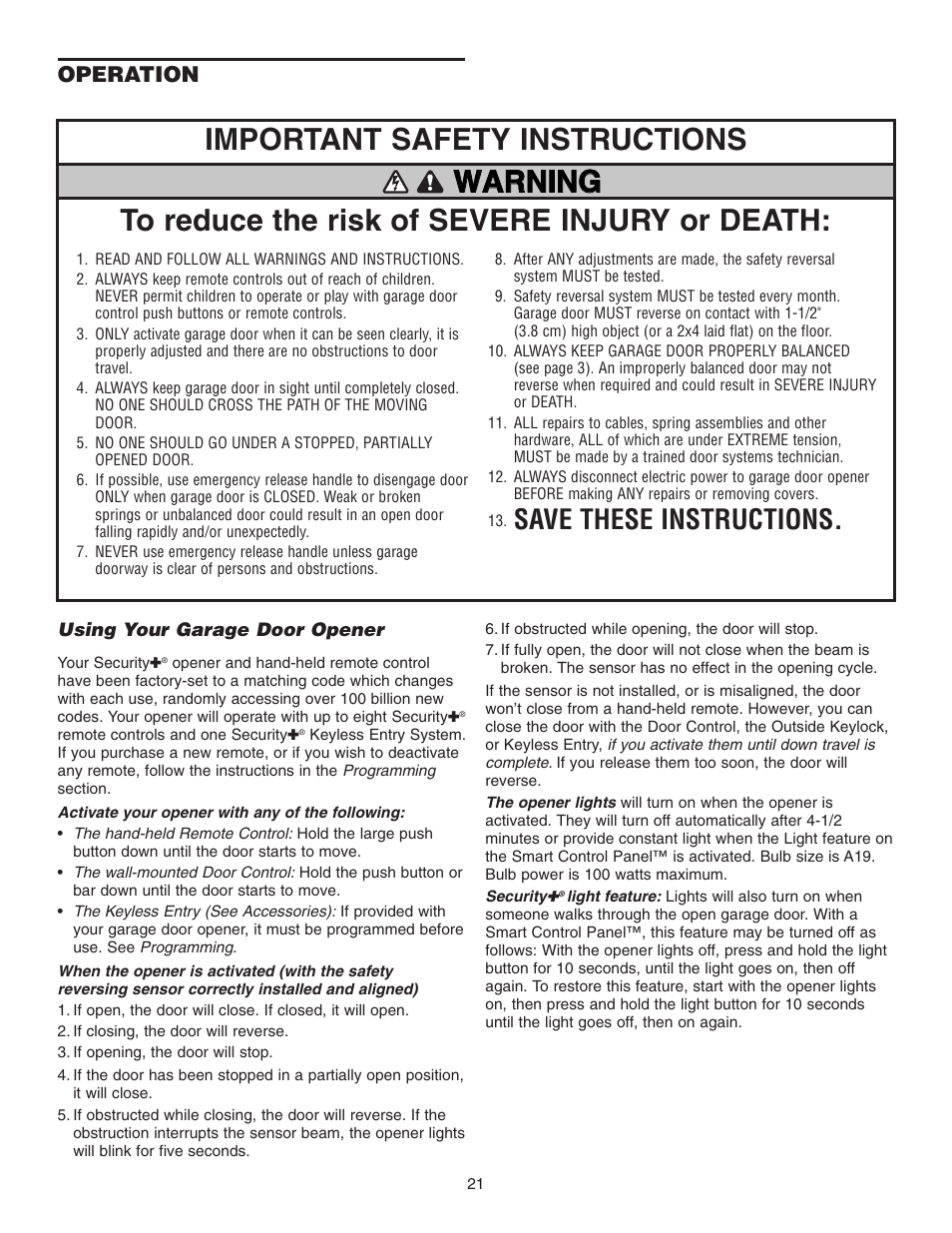 Operation, Using your garage door opener, Save these instructions | Chamberlain 3800P User Manual | Page 21 / 36