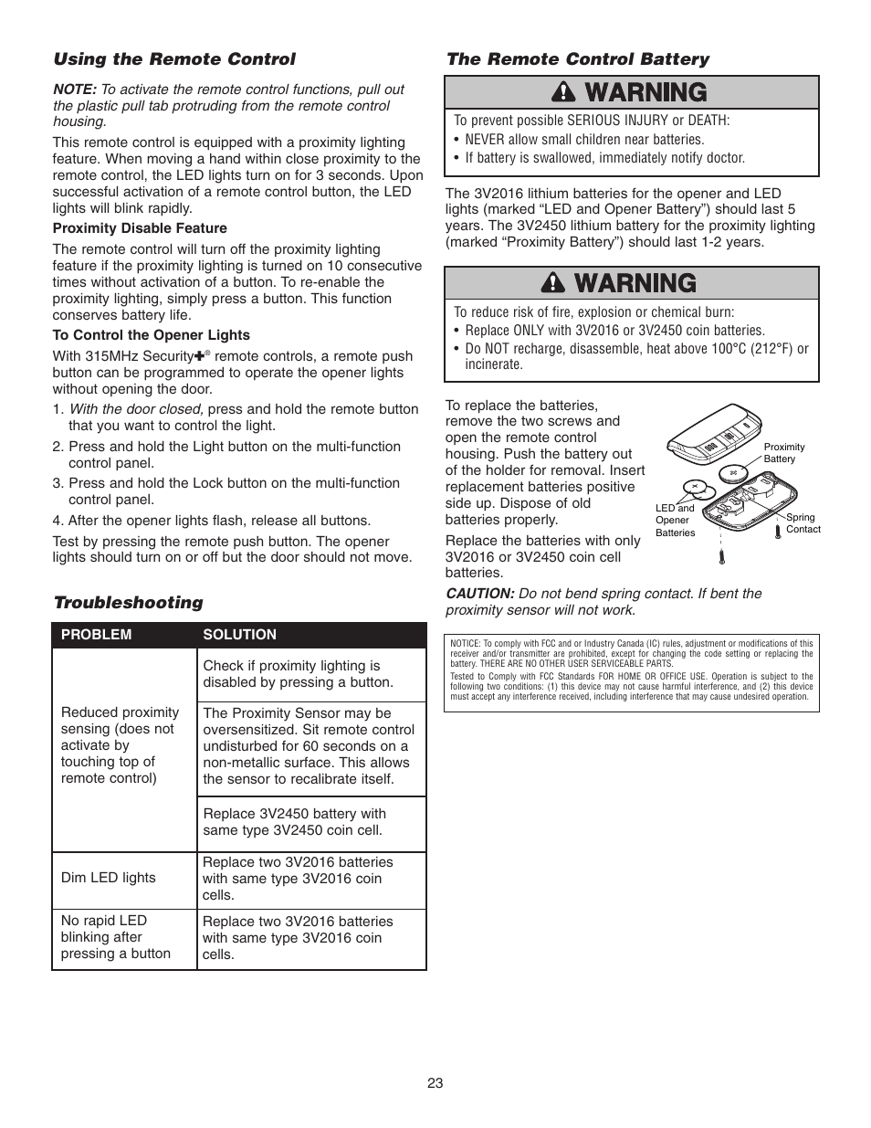 Using the remote control, The remote control battery, Troubleshooting | Chamberlain 3800P User Manual | Page 23 / 36