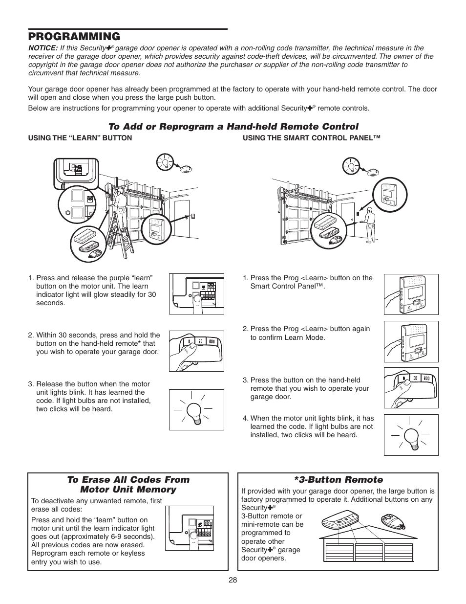 Programming, To add or reprogram a hand-held remote control, To erase all codes from motor unit memory | Button remote | Chamberlain 3800P User Manual | Page 28 / 36