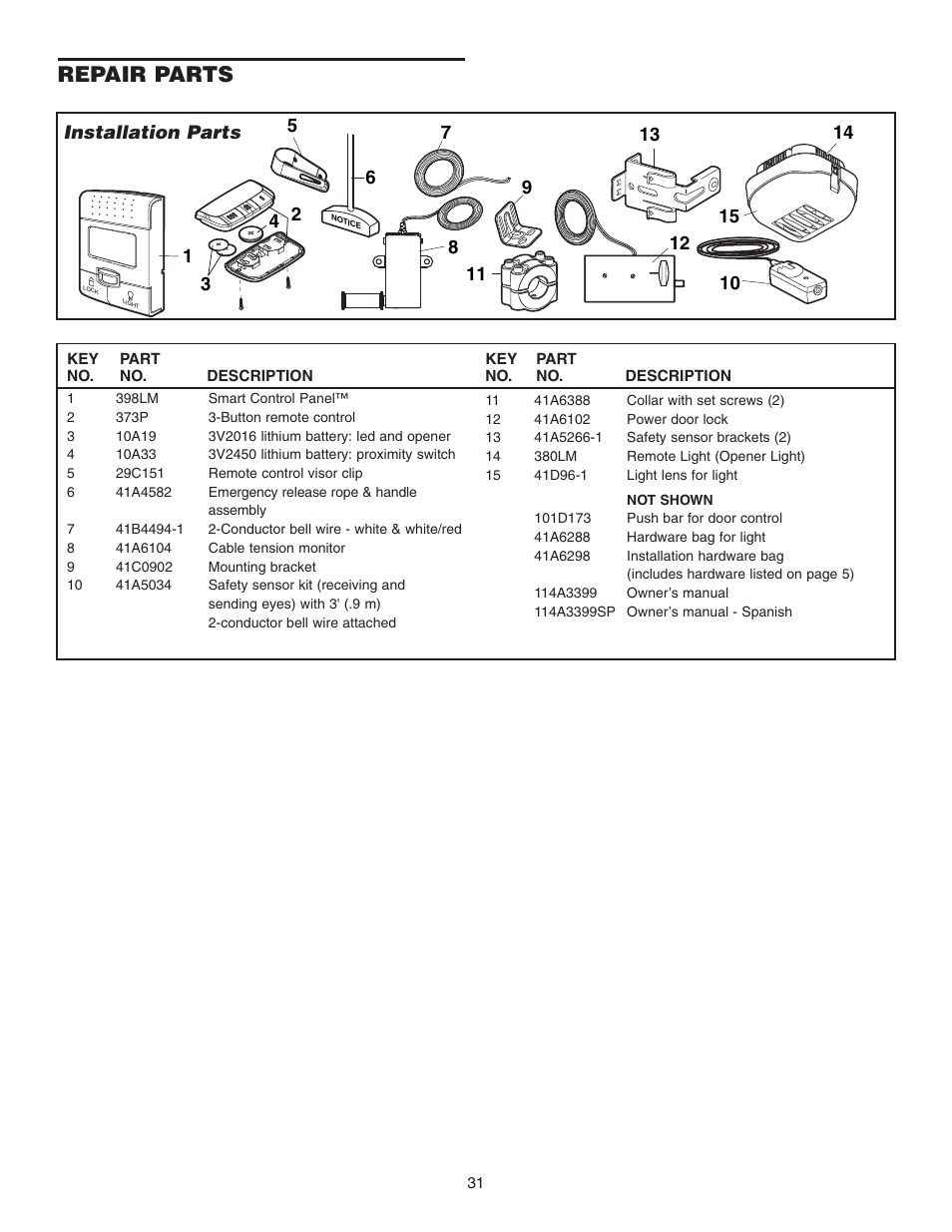 Repair parts | Chamberlain 3800P User Manual | Page 31 / 36