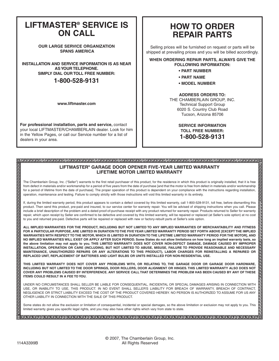 Liftmaster® service is on call, How to order repair parts, Warranty | Liftmaster, Service is on call | Chamberlain 3800P User Manual | Page 36 / 36