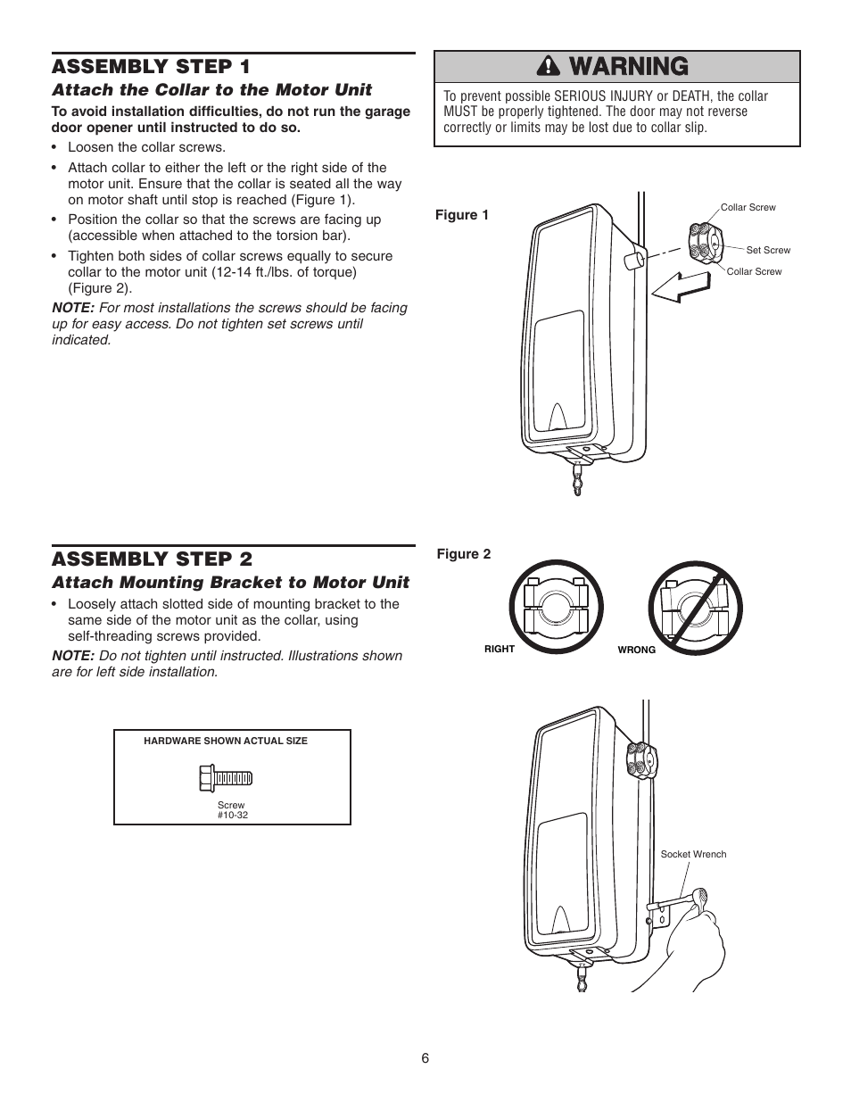 Assembly, Attach the collar to the motor unit, Attach mounting bracket to motor unit | Assembly step 1, Assembly step 2 | Chamberlain 3800P User Manual | Page 6 / 36