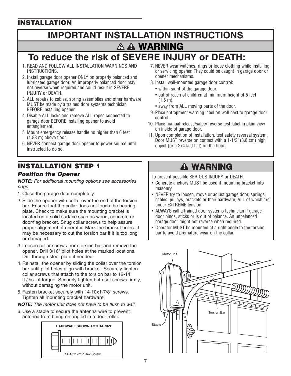 Installation, Position the opener, Installation installation step 1 | Chamberlain 3800P User Manual | Page 7 / 36