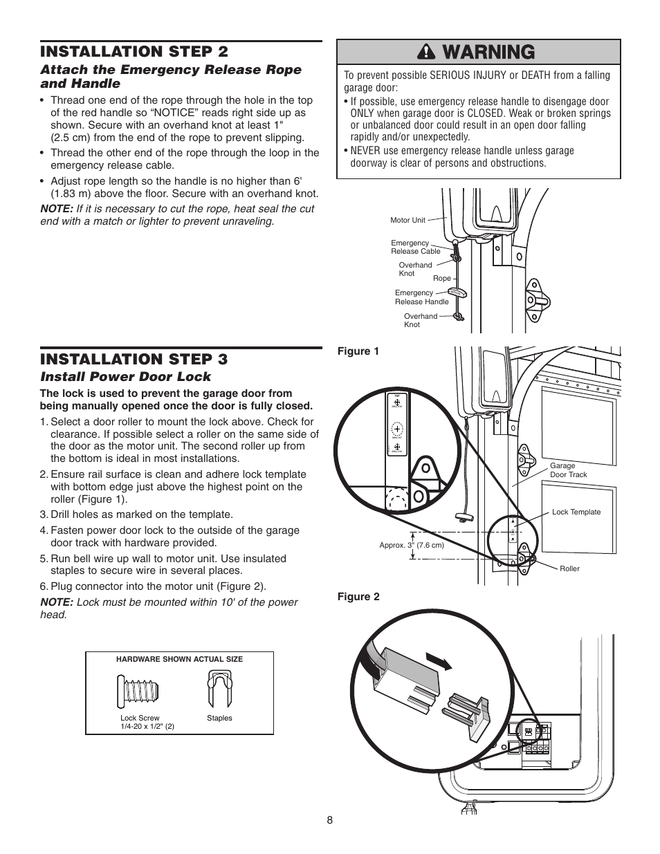 Attach the emergency release rope and handle, Install power door lock, Installation step 3 | Installation step 2 | Chamberlain 3800P User Manual | Page 8 / 36