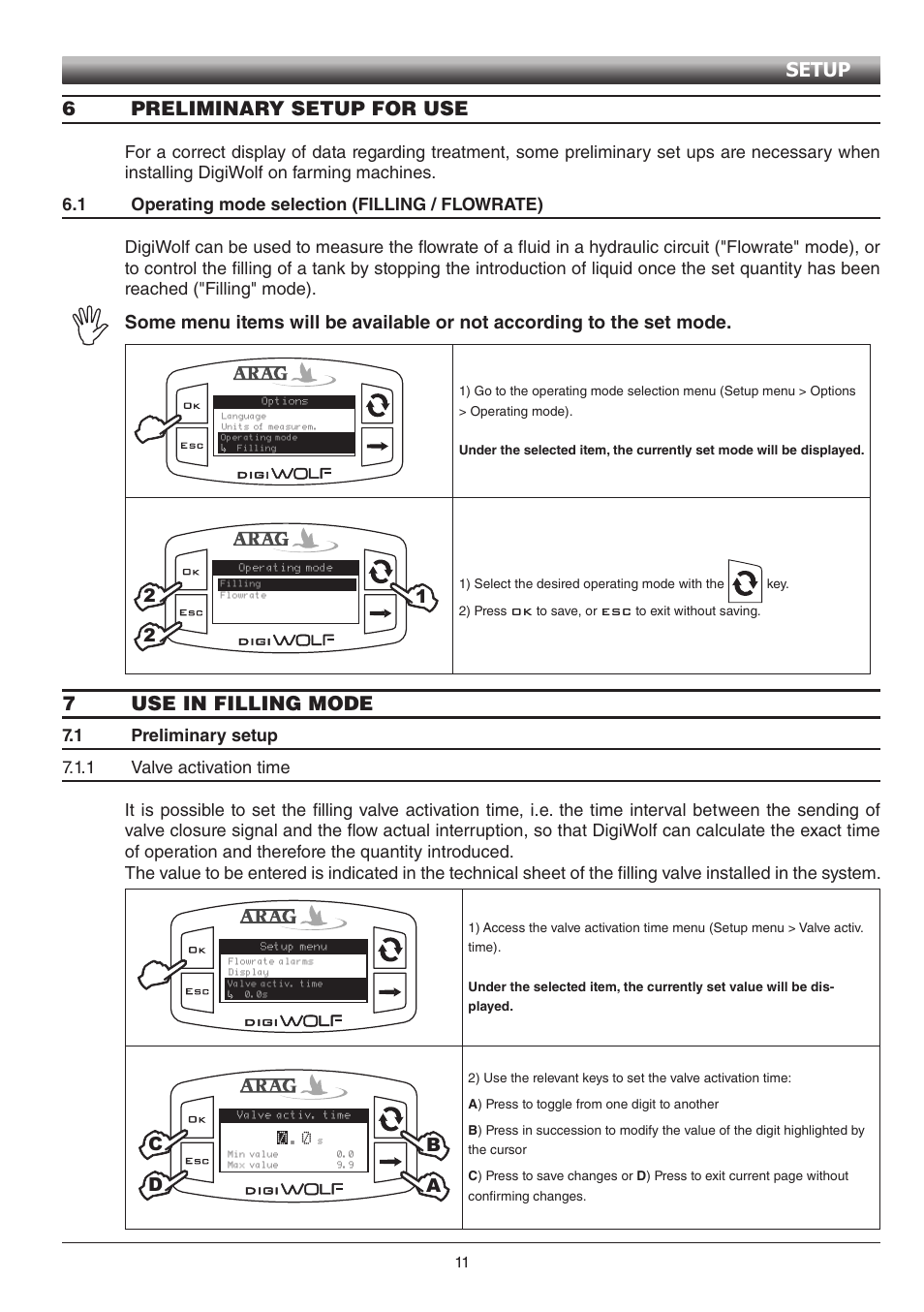 6preliminary setup for use, 7use in filling mode, Setup | Bd a | ARAG Digiwolf Tank filling system User Manual | Page 11 / 28