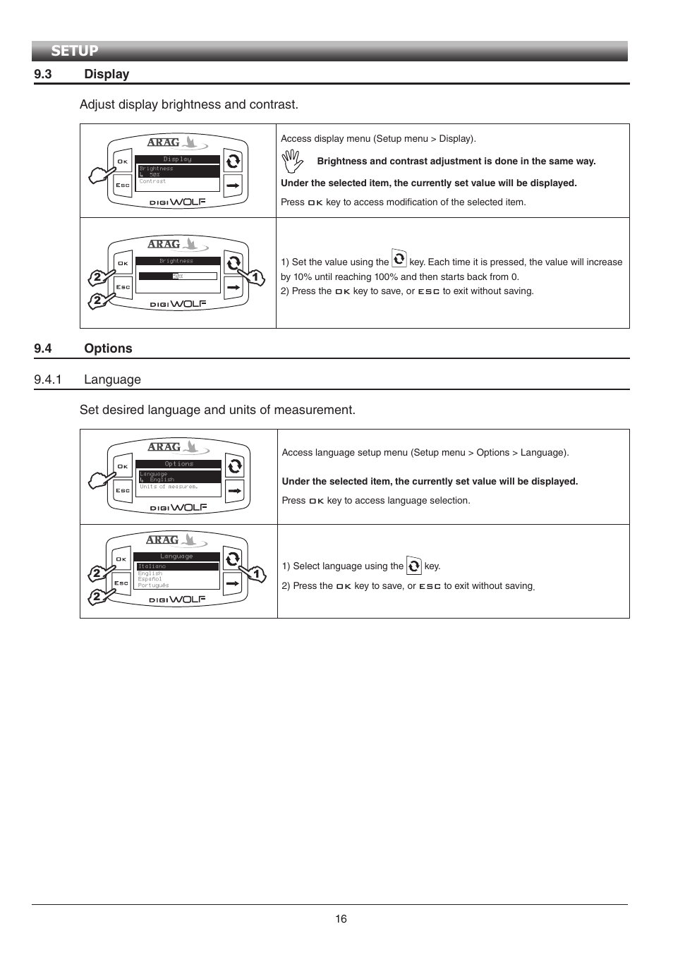 Setup, 3 display adjust display brightness and contrast | ARAG Digiwolf Tank filling system User Manual | Page 16 / 28