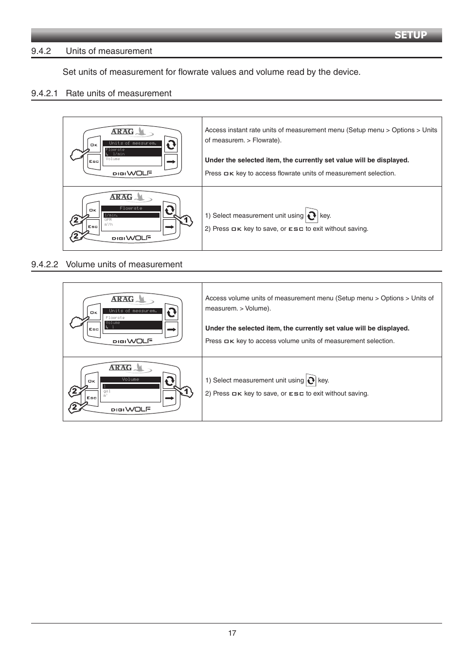 Setup, 2 volume units of measurement | ARAG Digiwolf Tank filling system User Manual | Page 17 / 28